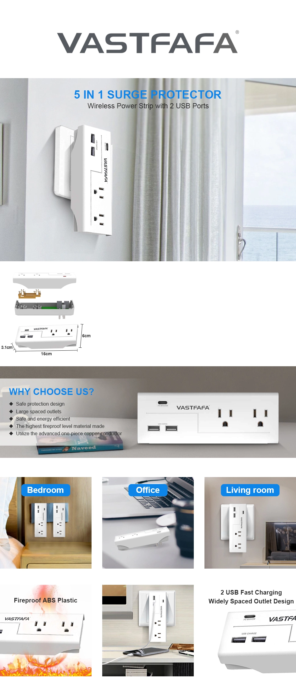 2 Outlets Us Travel Adaptor with USB Charger Typec Charging