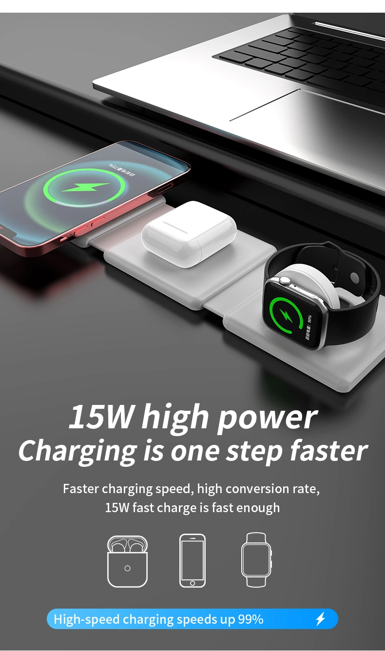 Foldable 3 in 1 Wireless Magnetic Charging Station Stand 15W Fast Charging Pad Watch Mobile Phone Earphone Wireless Charger