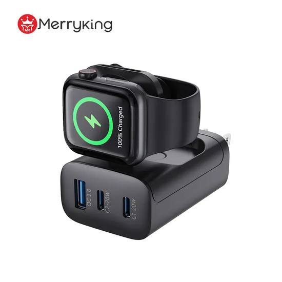 Merryking Shenzhen Factory 2024 New Product Hot Sale 3 Ports Pd 43W USB Fast Charger with Foldable Watch Wireless Charger for Apple iWatch for Samsung Watch 