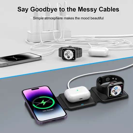 3 in 1 Wireless Charger for iPhone,Magnetic Foldable 3 in 1 Charging Station,Travel Charger for Multple Devices for iPhone 15/14/13/12 Series,Airpods PRO,iWatch 